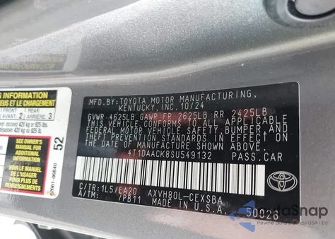 2025 Toyota Camry Se из США, поврежденный, VIN 4T1DAACK8SU549132